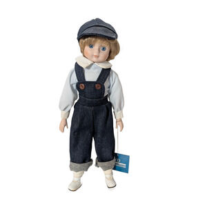 Marian Yu Porcelain Boy Doll 16” Denim Outfit Hat Signed w/ Box Tag